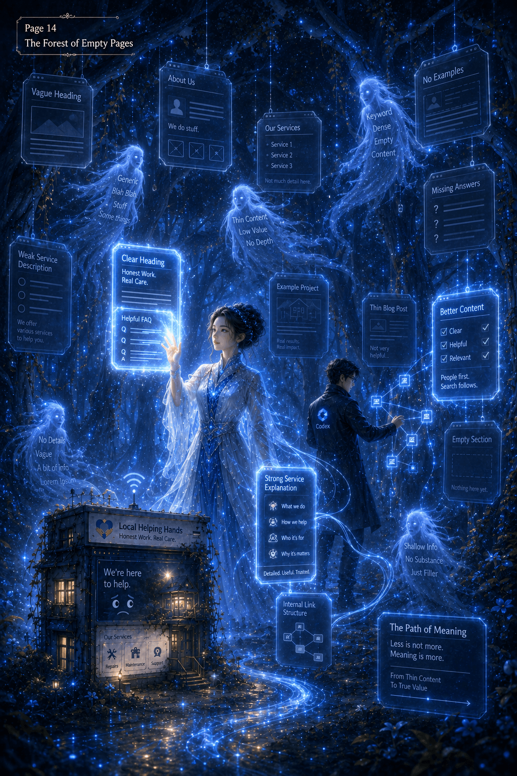 Mira and Codex in the Forest of Thin Content with floating empty website pages and fading wraiths.