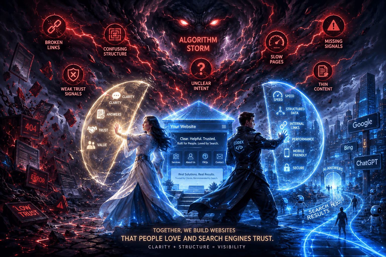 Mira and Codex protecting a glowing website from the Algorithm Storm with clarity, trust, structure, and performance.
