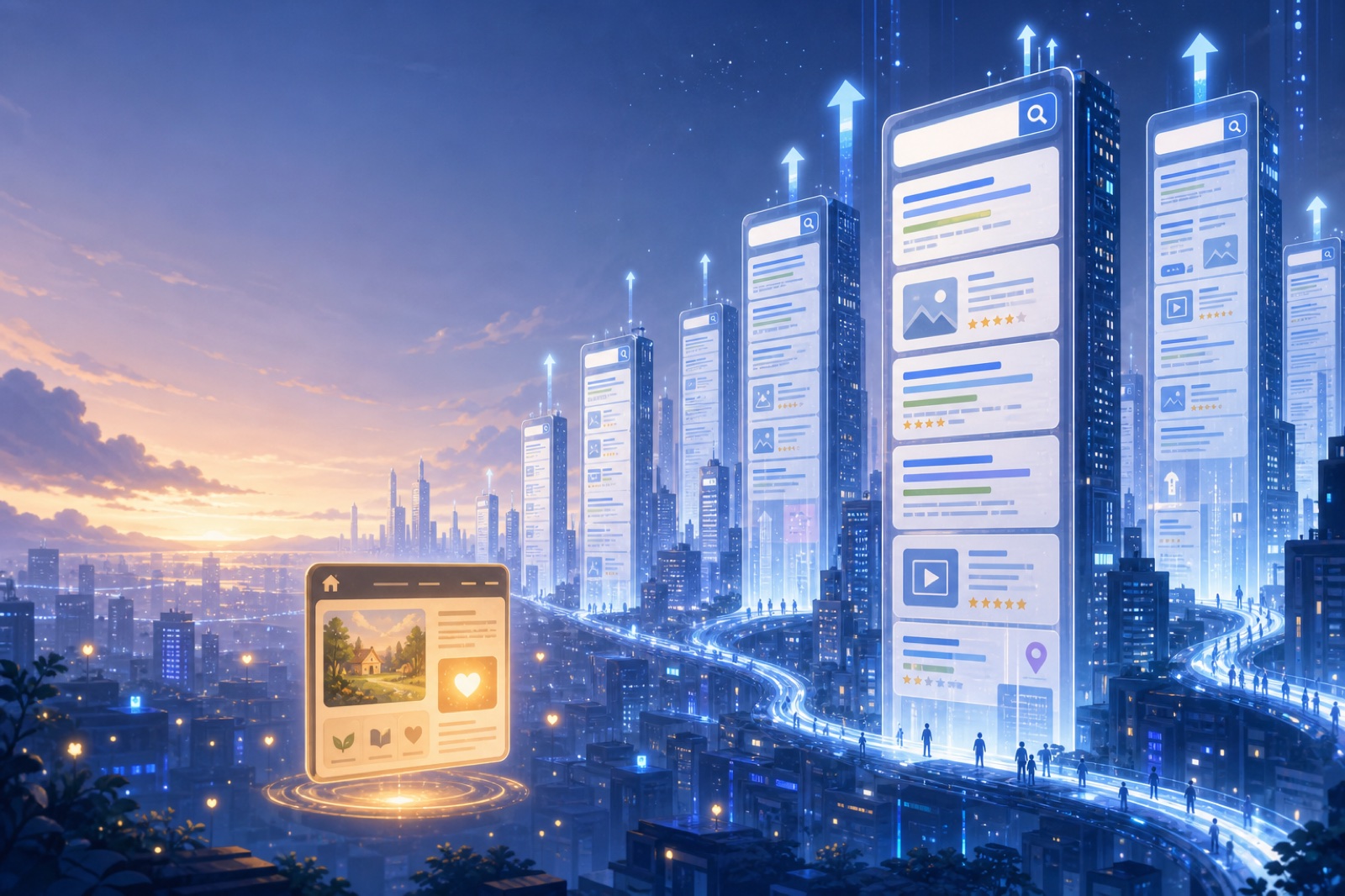 A small glowing website floating quietly in a huge digital search city.