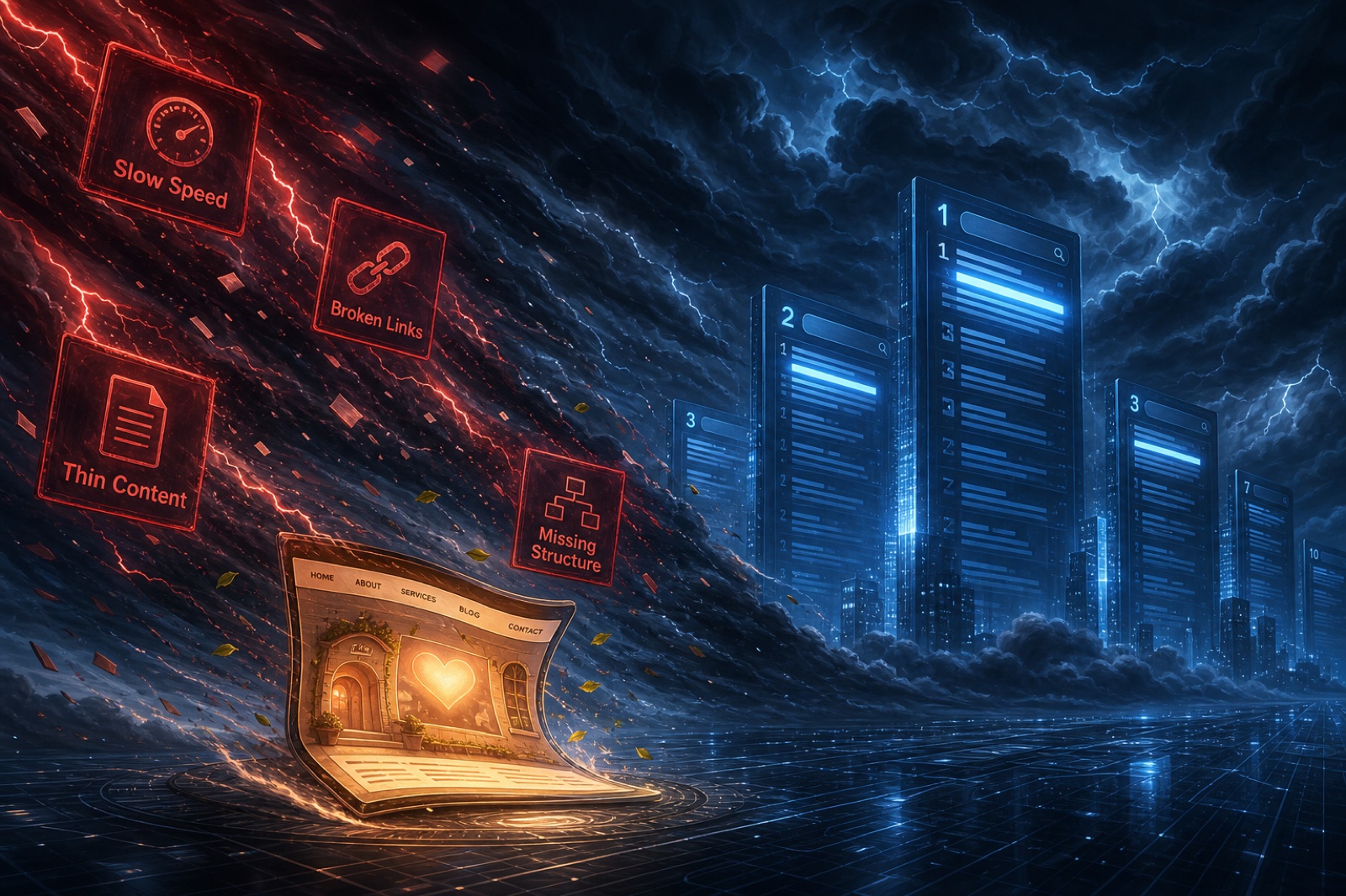 A dramatic digital storm pushes against a small warm website.