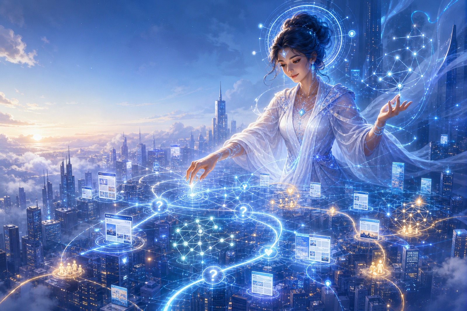 Mira standing above a glowing map of websites, questions, and content clusters.