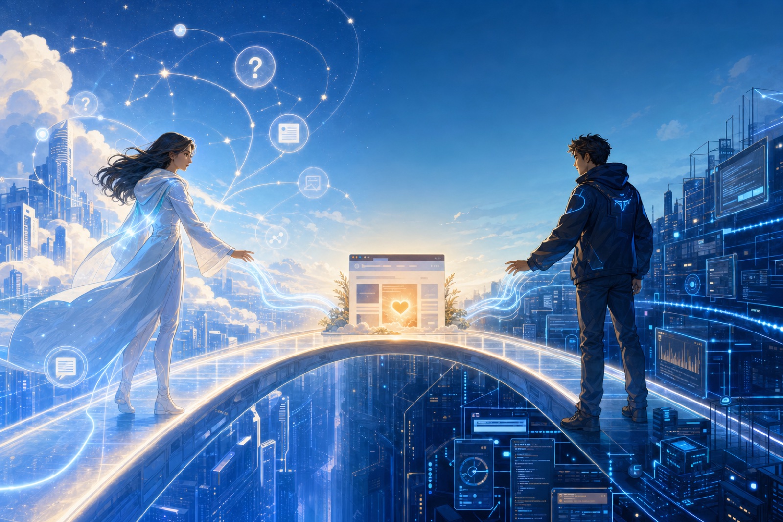 Mira and Codex meet on a glowing bridge with the small website between them.