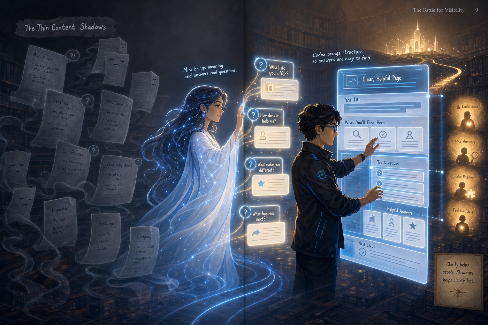 Mira and Codex turn vague content shadows into clear helpful page sections.