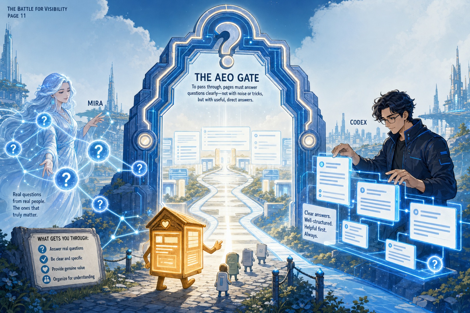 Mira and Codex prepare clear answers at the AEO gate.