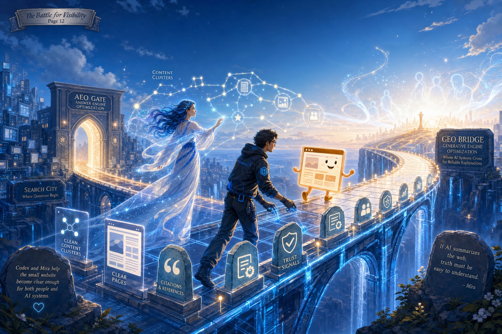 Mira and Codex guide the website across the GEO bridge toward AI-understandable clarity.