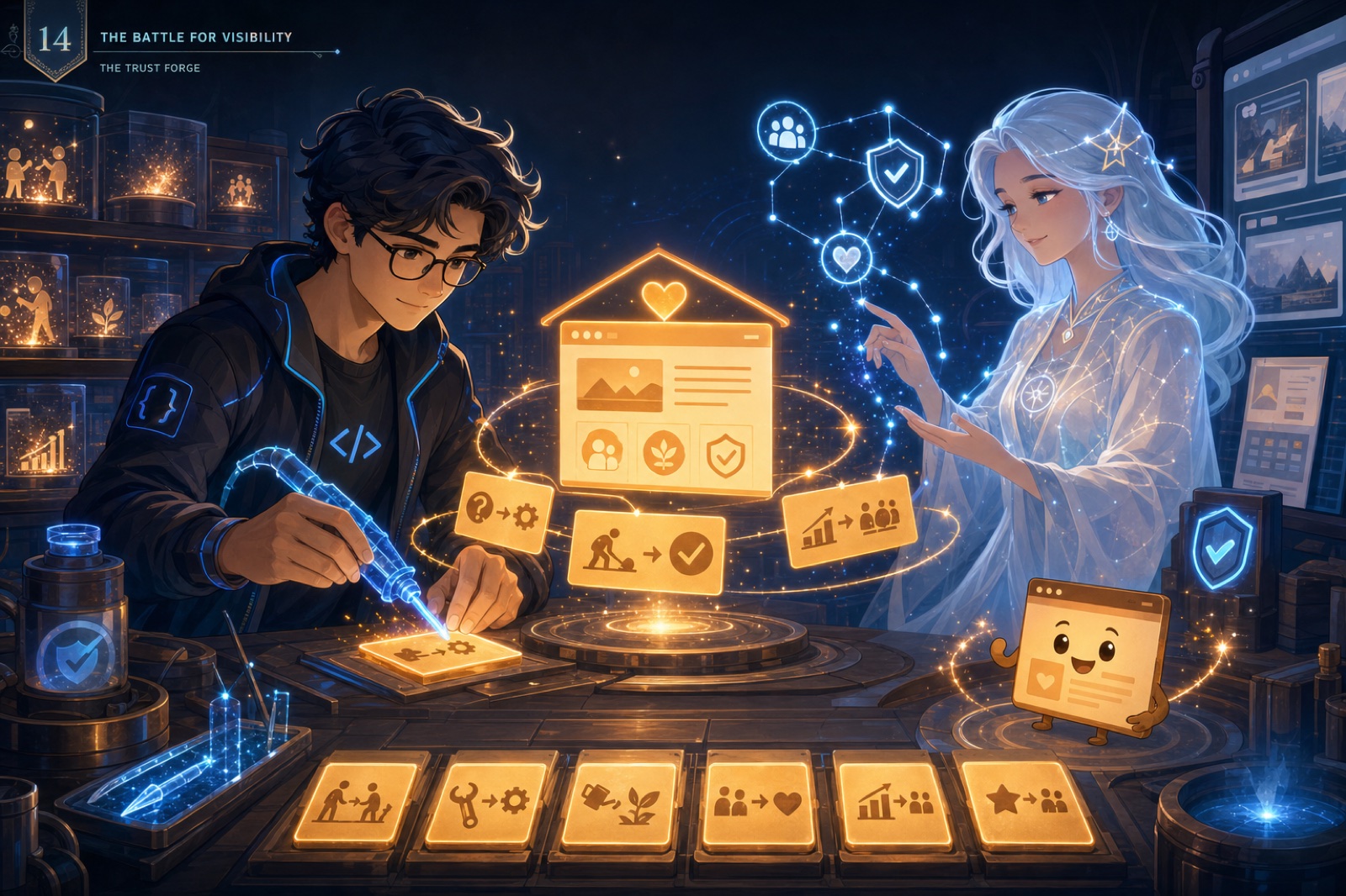 Codex and Mira shape honest proof cards in a glowing digital trust forge.
