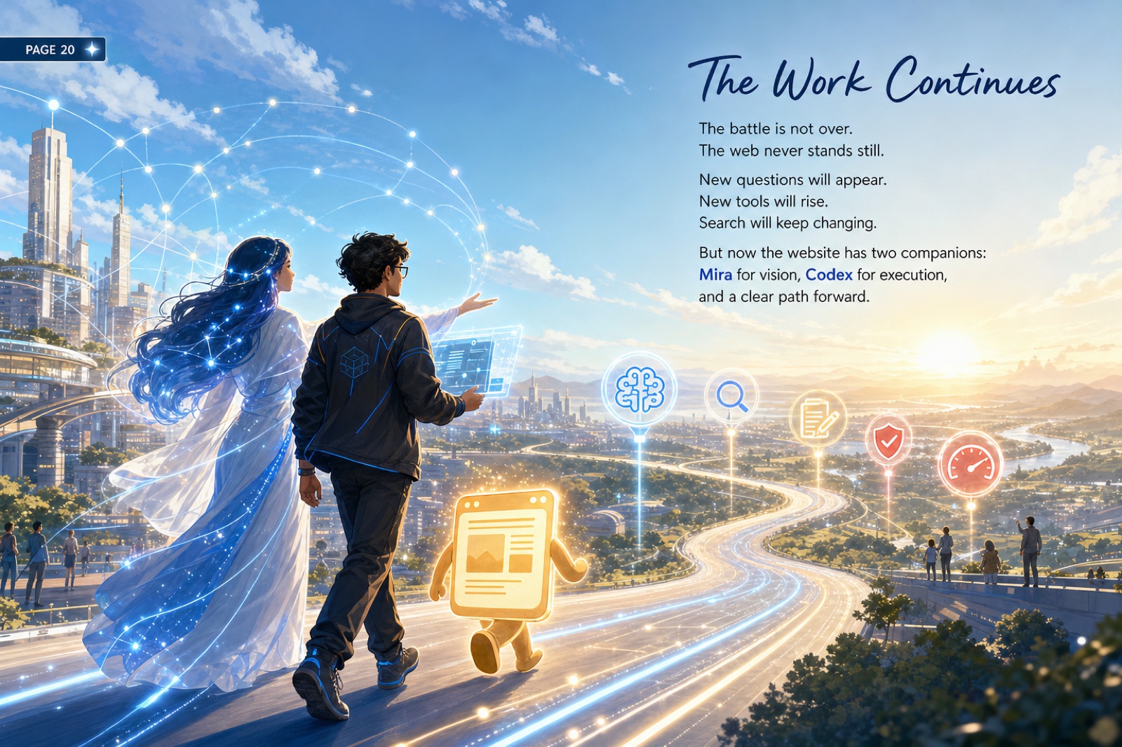 Codex, Mira, and the small website walk toward a bright digital horizon.
