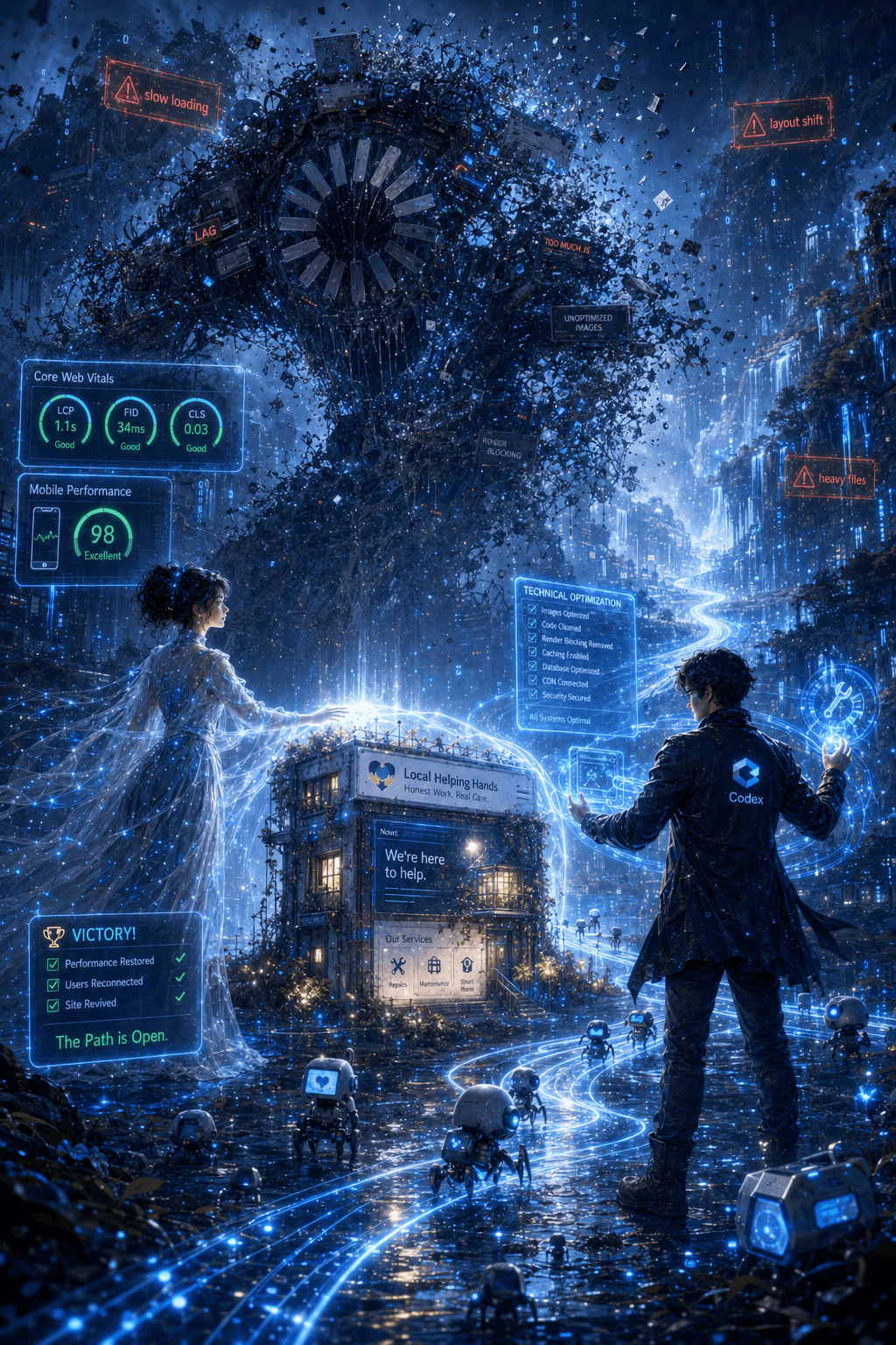 The Slow Load Beast dissolving while the website becomes faster and clean blue pathways open.