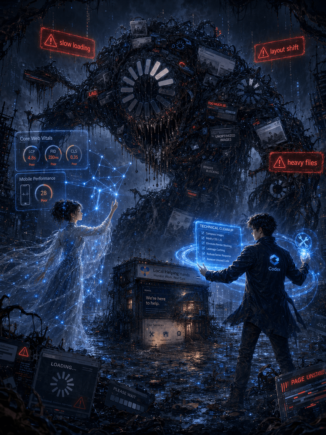 Mira and Codex facing the Slow Load Beast in a dark digital swamp filled with loading warnings.