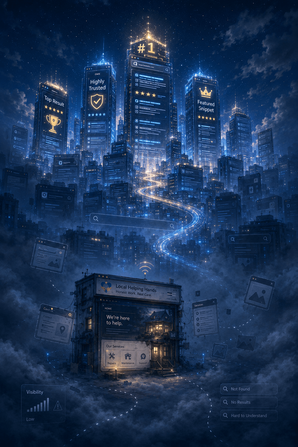 A small business website hidden in fog beneath bright search-result towers in a futuristic digital city.