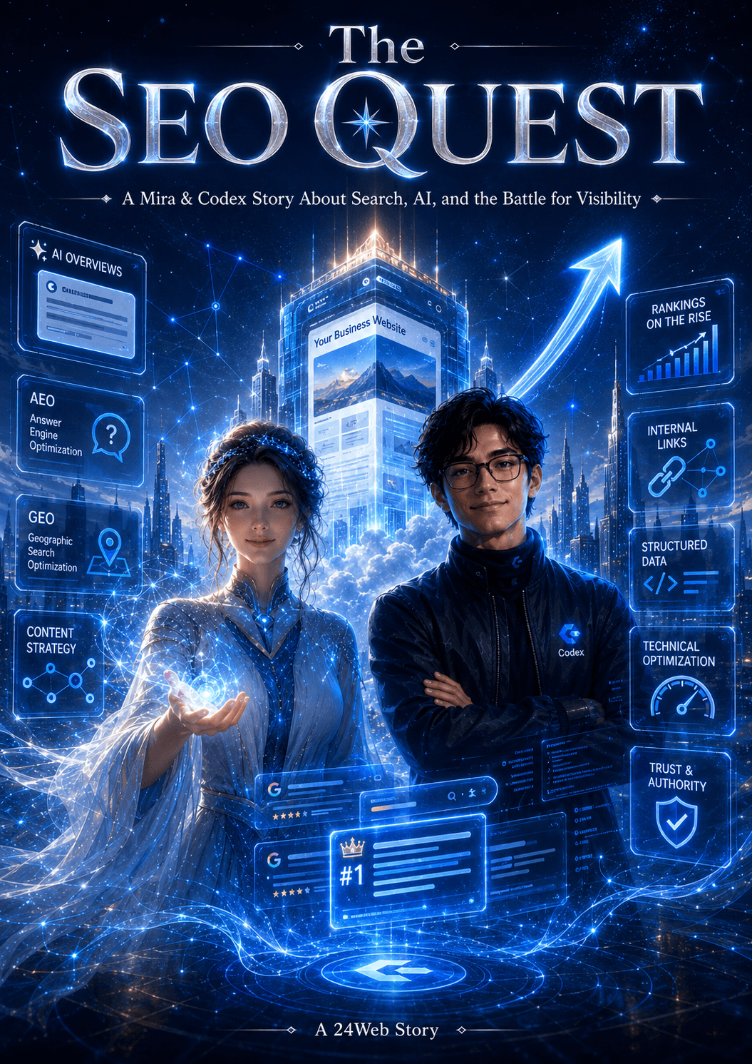 The SEO Quest cover with Mira and Codex in a futuristic digital city