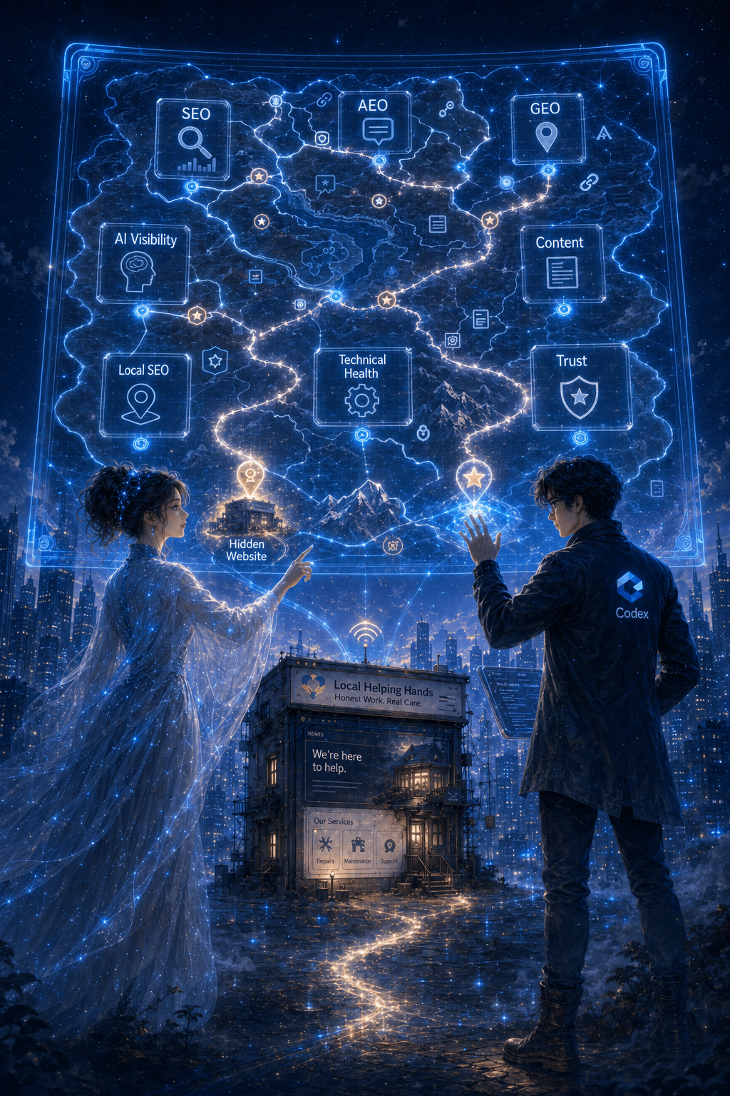 Mira and Codex looking at a holographic visibility map with SEO, AEO, GEO, AI visibility, and trust zones.