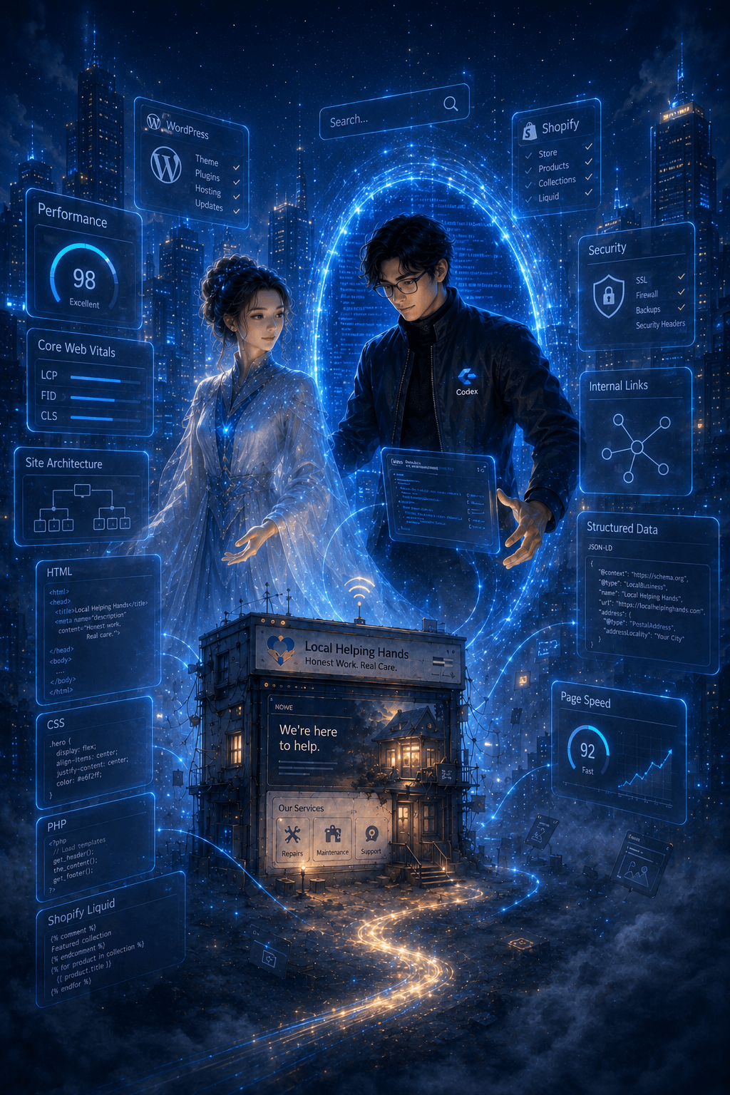 Codex stepping from a glowing code portal beside Mira with technical SEO panels around them.