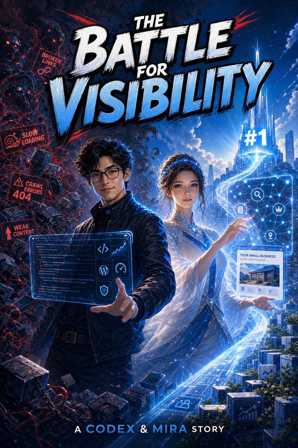The Battle for Visibility cover with Mira and Codex in a search visibility battle