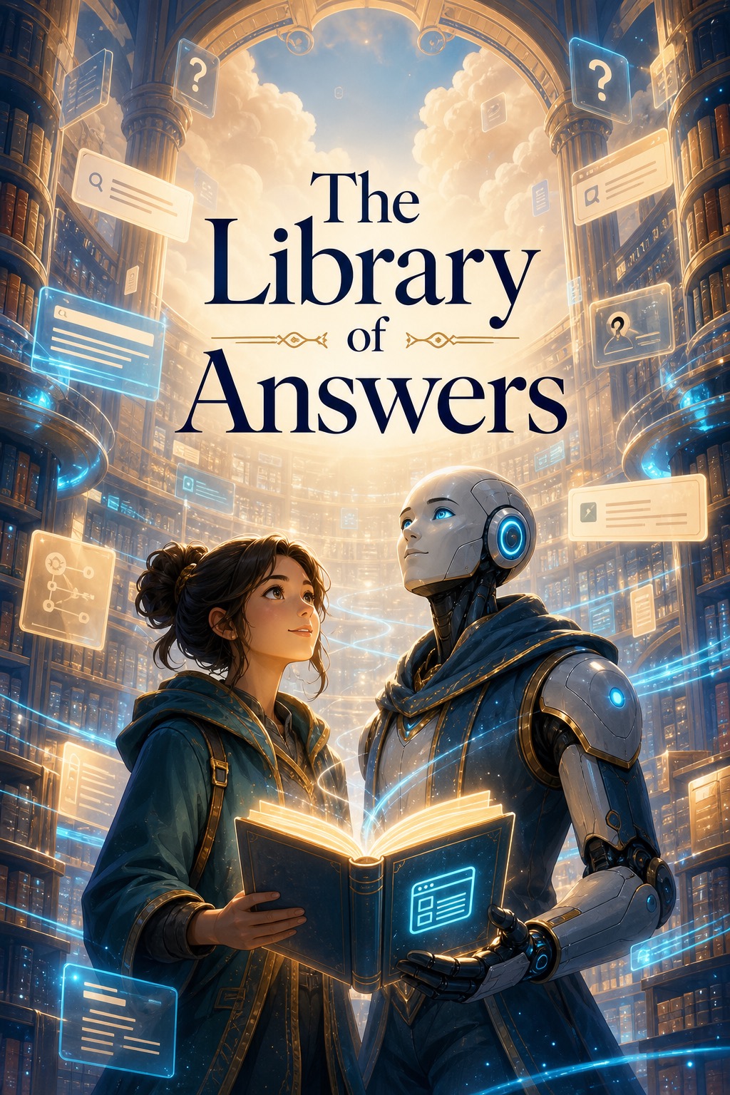 The Library of Answers cover with Mira and Codex inside a glowing AI search library