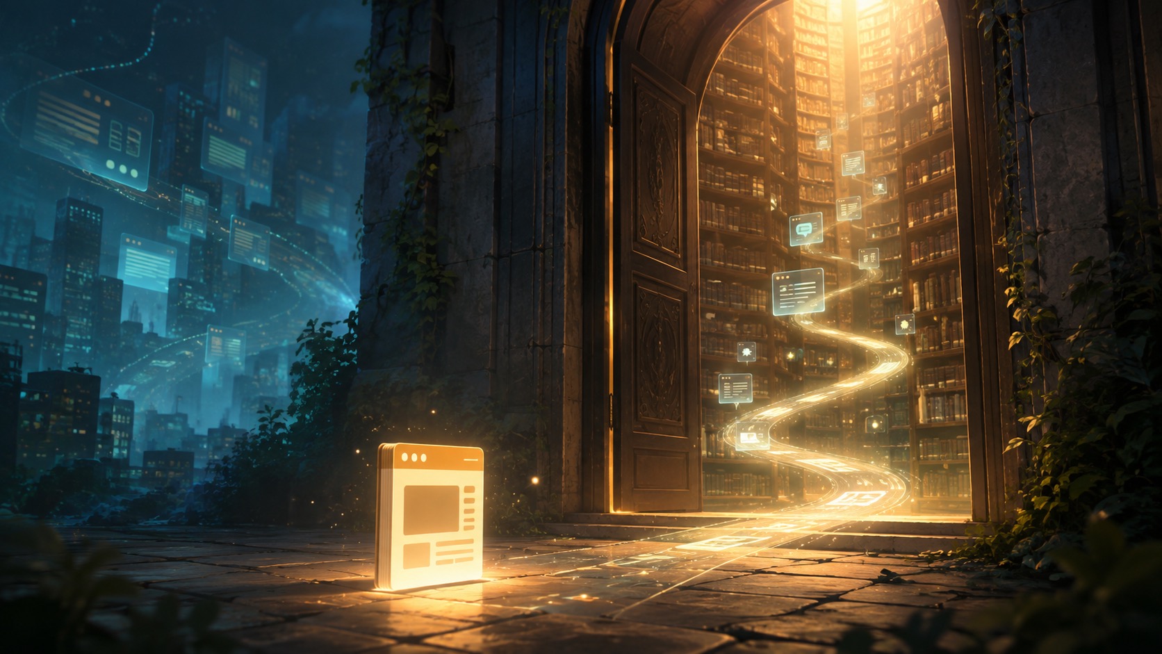 A small glowing website waiting beside an unnoticed doorway into a vast digital library.