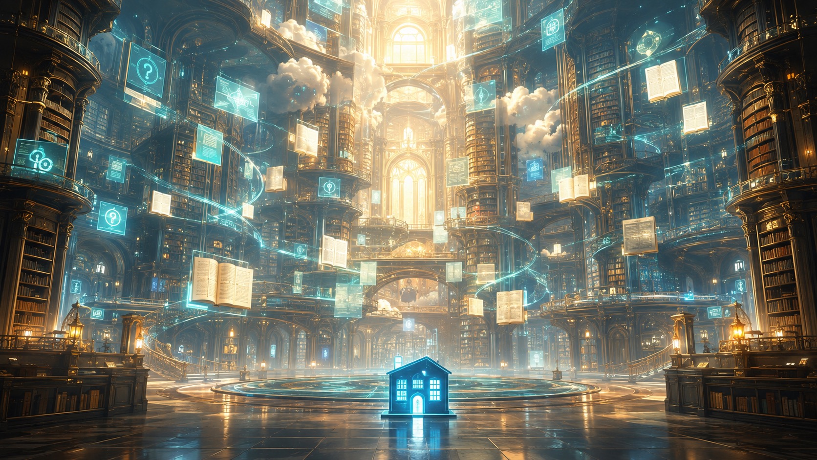A cinematic glowing library where questions, search results, and AI summaries float like books.