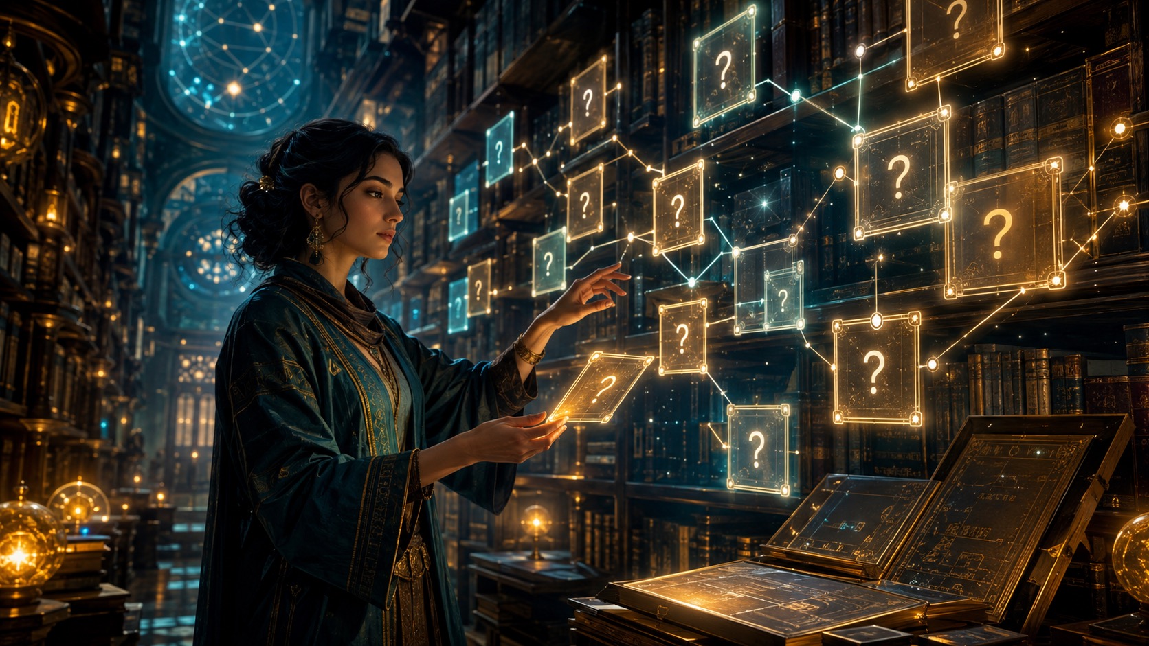 Mira reading glowing customer questions arranged across tall library shelves.