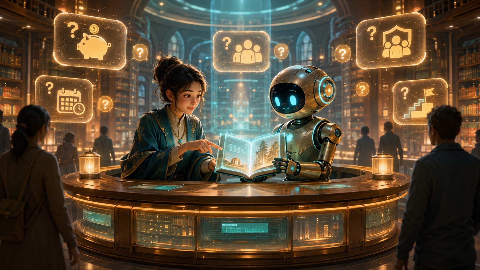 Mira and Codex working at a glowing question desk with customer questions around them.