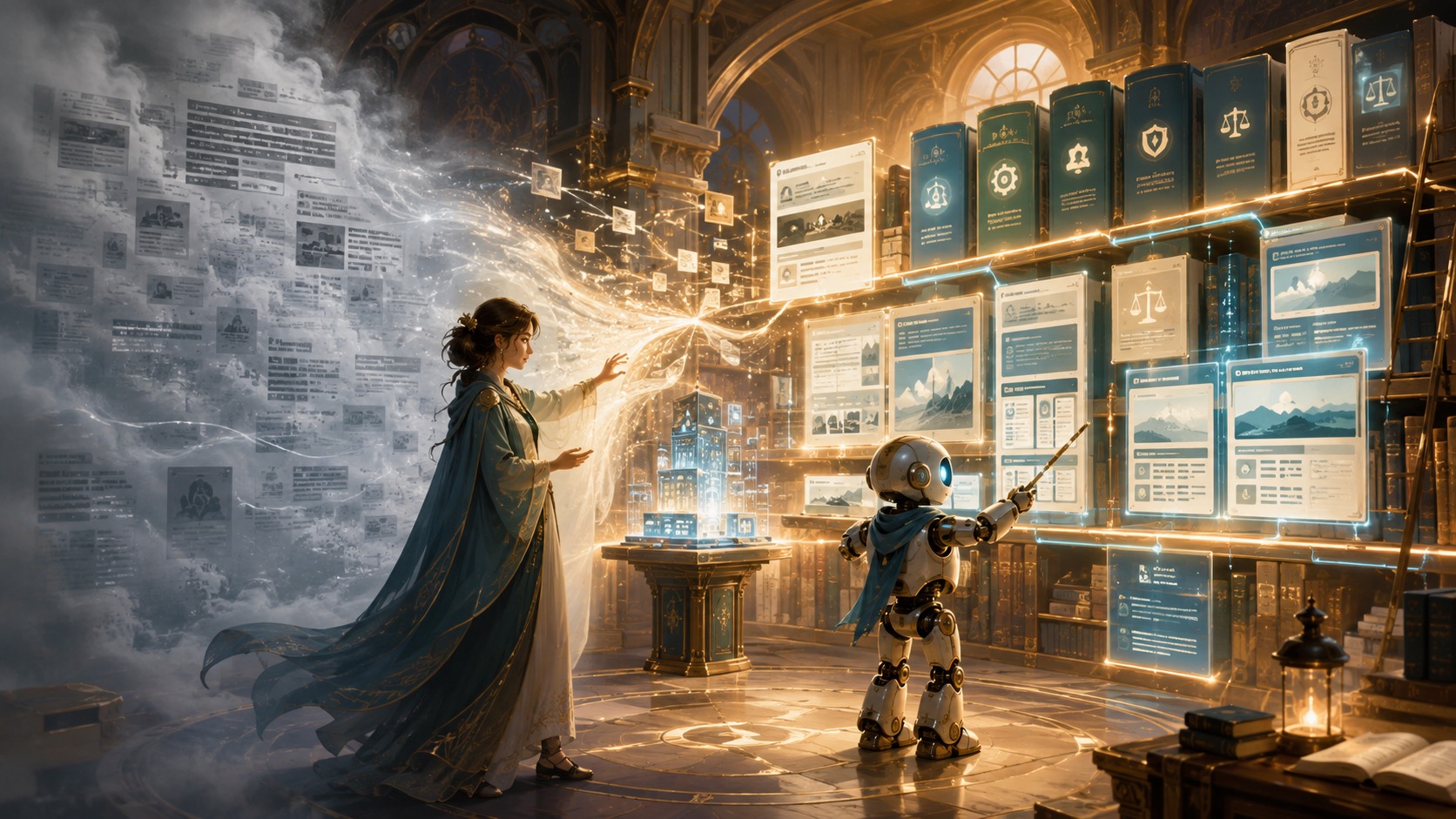 Vague text dissolving into clear service answers in a luminous library hall.