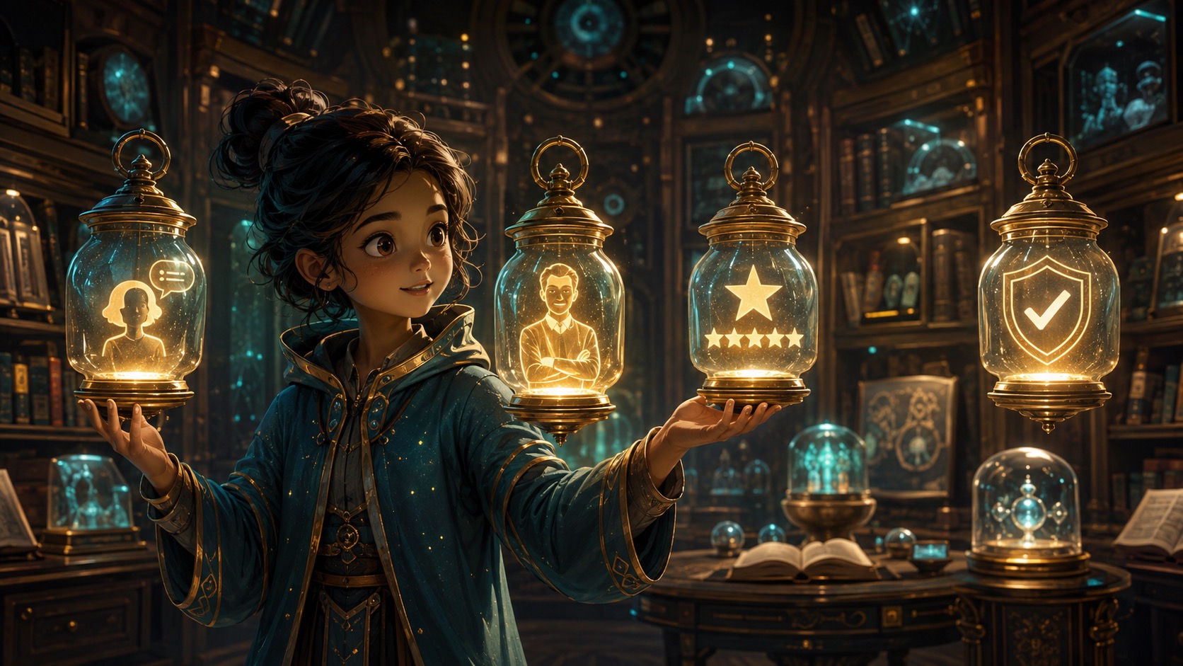 Mira holding citation lanterns that illuminate proof, experience, authorship, and trust signals.