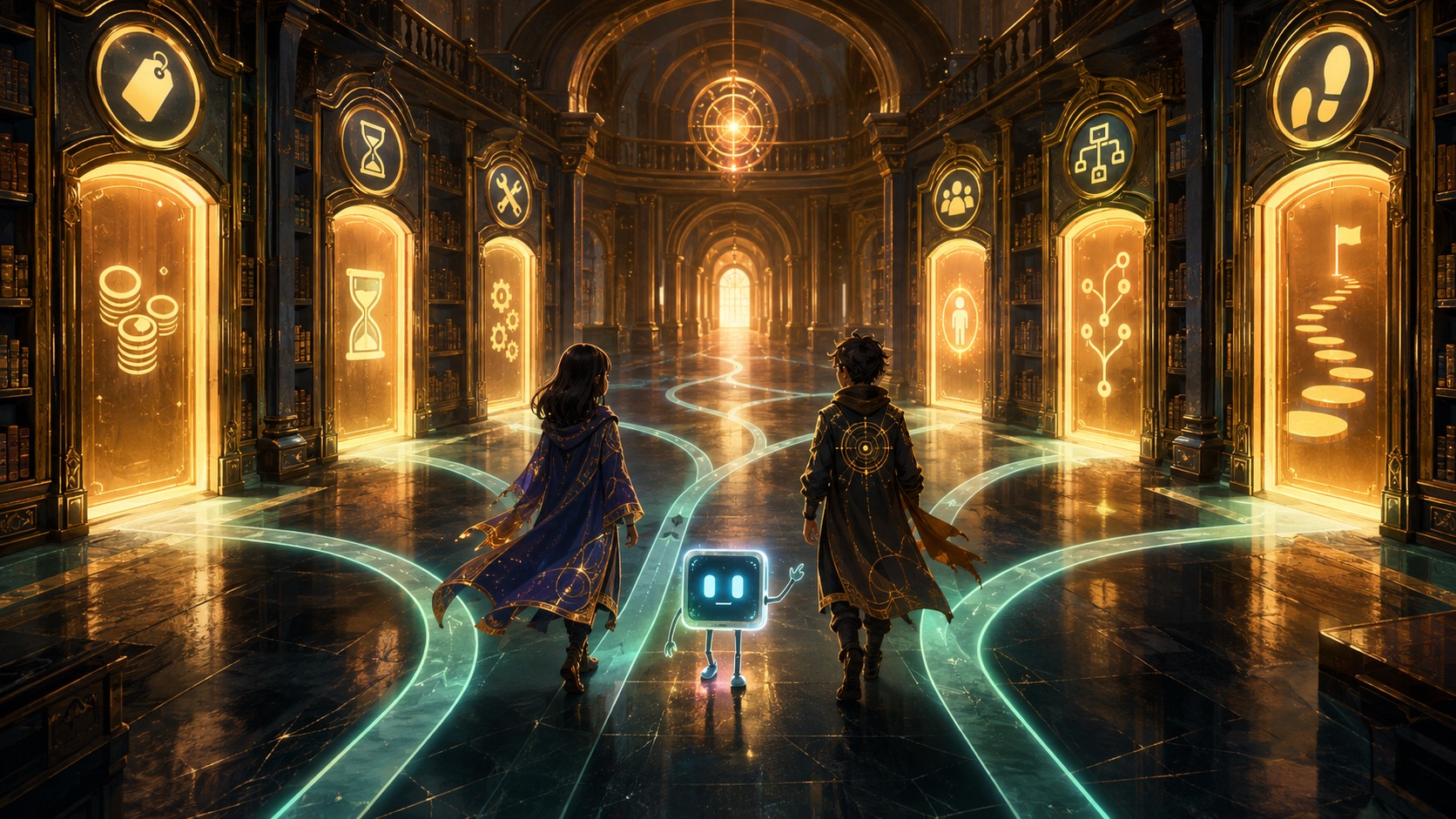 A glowing comparison corridor with service options, timelines, pricing questions, and decision paths.