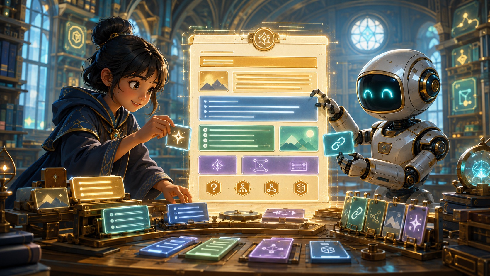 Mira and Codex crafting answer-ready content with headings, metadata, links, and schema.