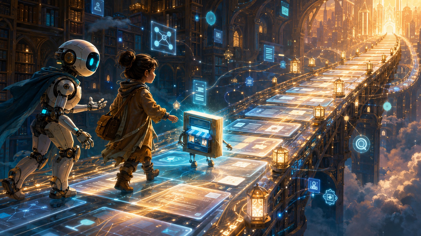 Mira and Codex leading a website across a bridge of AI-generated answers and trusted signals.