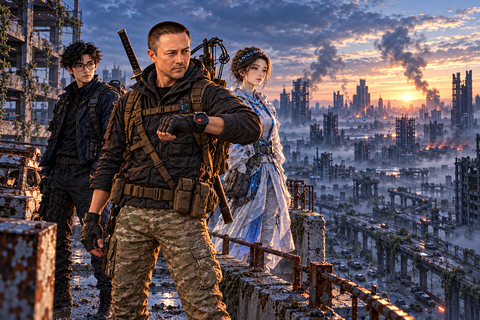 The survivor stands on a parking garage roof overlooking a ruined city while his wrist computer shows dwindling power levels.