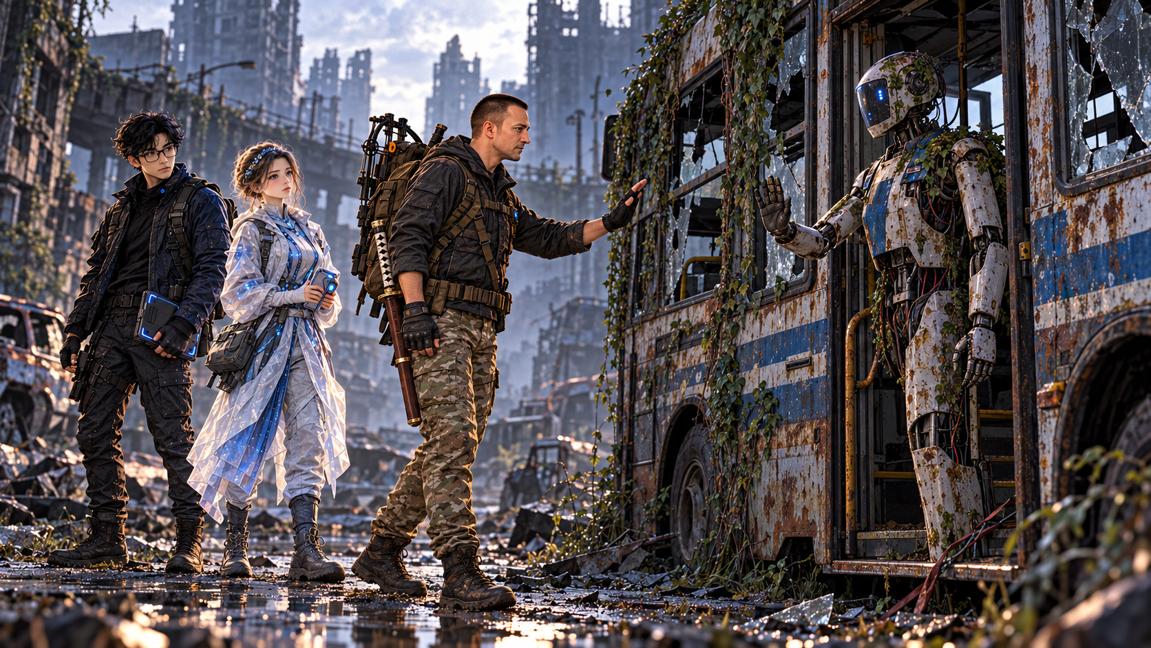 A cracked municipal android stands beside an abandoned bus while the survivor approaches cautiously with his team behind him.
