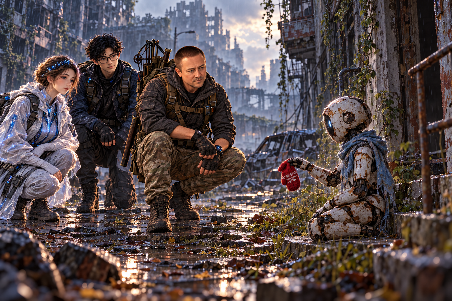 The survivor kneels near a damaged android wearing a blue scarf and holding a child's red mitten in a ruined street.