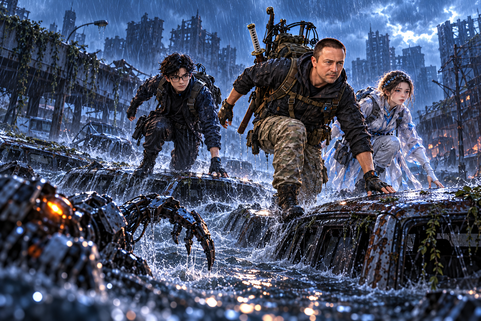 The survivor crosses a flooded city street over abandoned cars while rain falls and damaged machines move beneath the water.