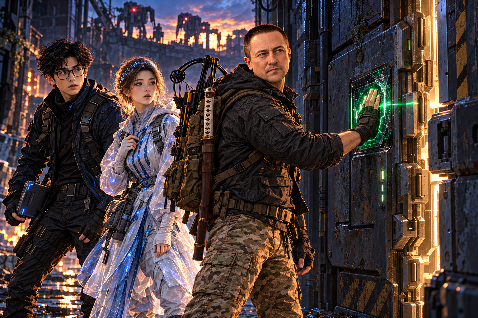 The survivor places his hand on a damaged access scanner while a heavy station door begins to unlock.
