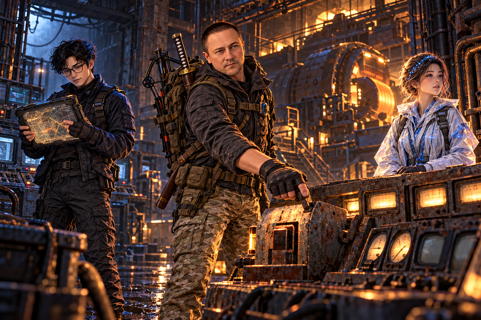 The survivor works at an old generator console while Codex studies data and Mira watches the room inside a dark energy station.