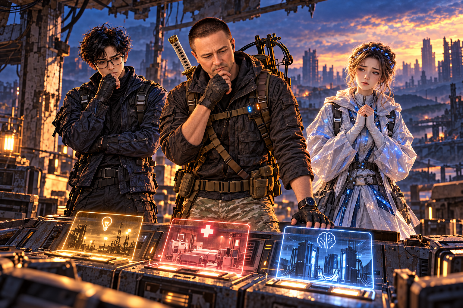 The survivor stands between several competing power controls while Mira and Codex wait behind him for his decision.