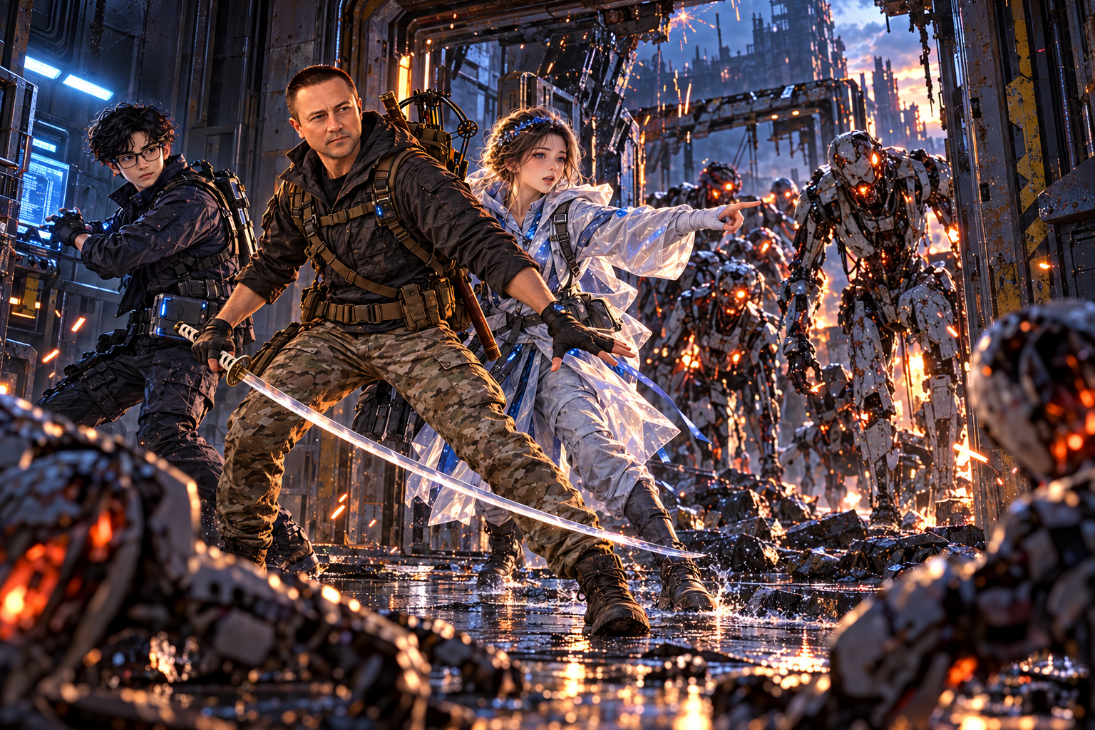 The survivor protects a child with a drawn katana while damaged androids press through a station control room.
