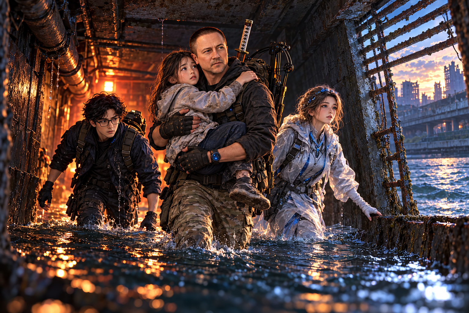 The survivor carries a child through a dark flooded maintenance tunnel while faint emergency light shines behind them.