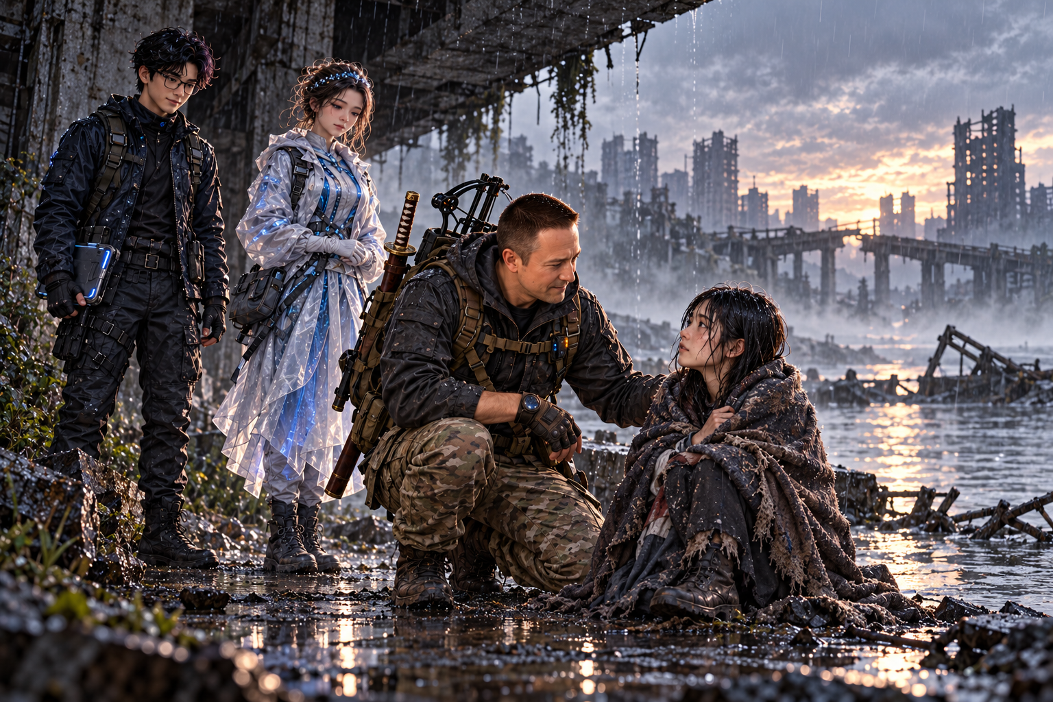 The survivor and a rescued girl emerge into rain beneath a ruined city embankment after escaping the charging station.