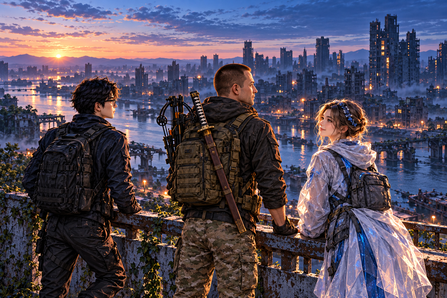 The survivor, Mira, Codex, and the rescued girl look back at scattered lights across the dark north district.