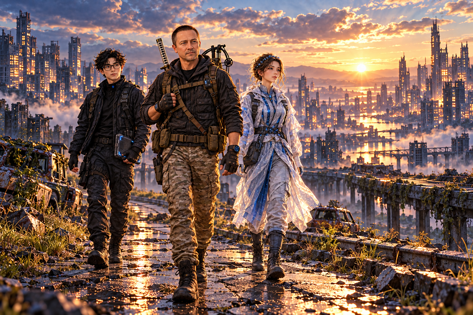 At dawn, the survivor walks east with a rescued girl while Mira and Codex follow behind and the ruined city lights up behind them.